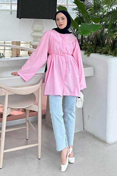 lamelif Tie-Detail Hijab Shirt Pink