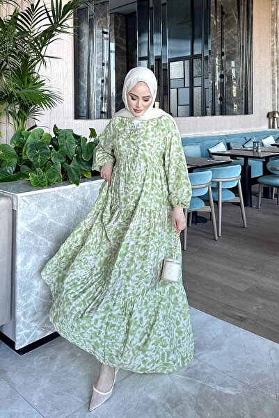 İmajButik Green Half Buttoned Sleeves Elastic Skirt Layered Dress