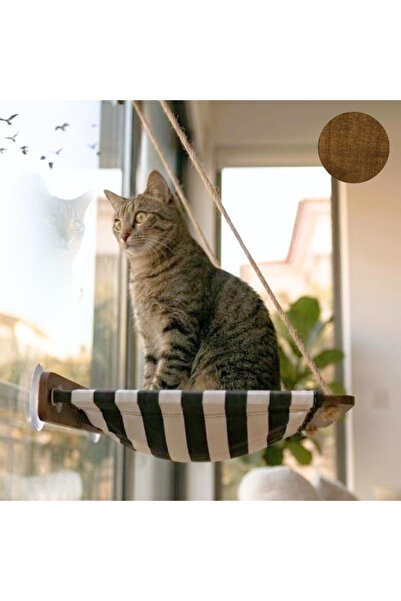 Vantuzlu Pencere Önü Kedi Yatağı | Ceviz Rengi Ahşap Hamak