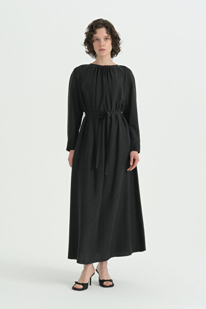 Nihan Ribbed Detail Lyocell Dress - Black