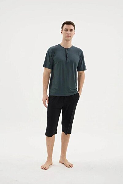 KLY PİJAMA Kly 26350 Men's Bamboo Half Button Half Sleeve Plus Size Capri Suit
