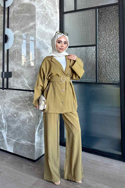 İmajButik Oil Green Belted Jacket and Trousers Set