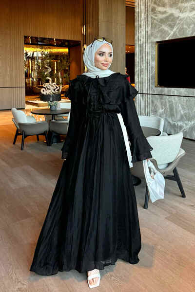İmajButik Black Collared Ruffled Waist Elastic Dress