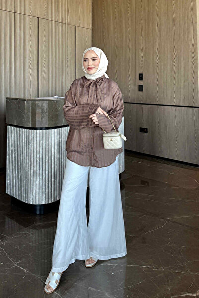 İmajButik Kahverengi Yaka Bağlamalı Çizgili Gömlek