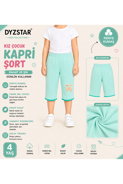 DYZSTAR Kız Çocuk Mint Kapri Şort Penye Kumaş Esnek Bel Rahat Kalıp Günlük Ku...