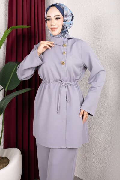 Rabia Zülal New Season Suit with Side Buttons on the Front - Gray Rbz2608Y