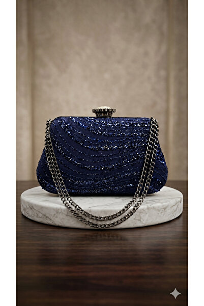 Telli Art Women's Navy Blue Wavy Sequin Detailed Chain Strap Stylish Evening ...