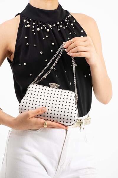 Lebibe Shoes Polkia Ecru Satin Fabric Polka Dot Patterned Chain Strap Clip Cl...