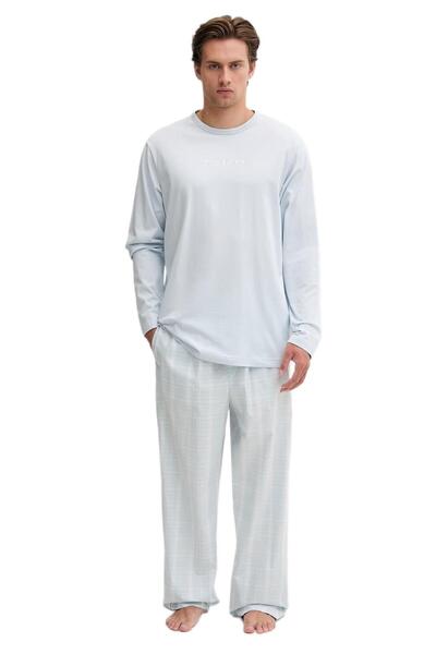 Calvin Klein Erkek Mavi Uzun Kollu Tişört Pantolon Pijama Takımı LV00NM2953