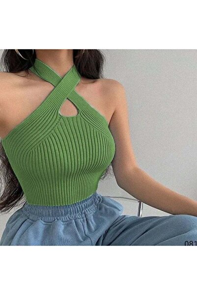 Modafeminen Πλεκτή μπλούζα με λαιμόκοψη halter και δέσιμο στο λαιμό TR081 Μέντα