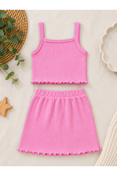 ues Pembe Rİbana Fitilli Crop Ve Etek Takım