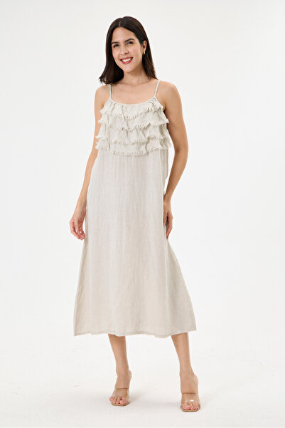 della moor Beige Italian 100% Linen Dress with Tassel Collar and Adjustable S...