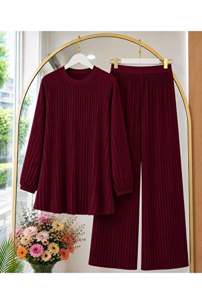 MODA VEDAT Ženski set pantalona od plisirane tkanine sa detaljima u boji slat...