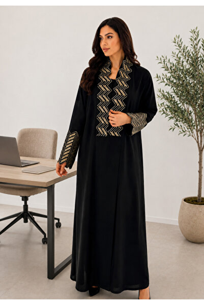NOUR Daytime Abaya with Internet Fabric, Geometric Embroidery, and Black Crys...