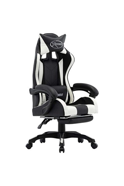 vidaxl Scaun de racing, suport picioare, alb/negru, piele ecologică