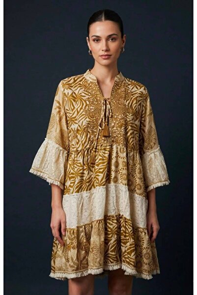 moda gk Ethnic Patterned Shiny Patterned Bohemian Silk Dress