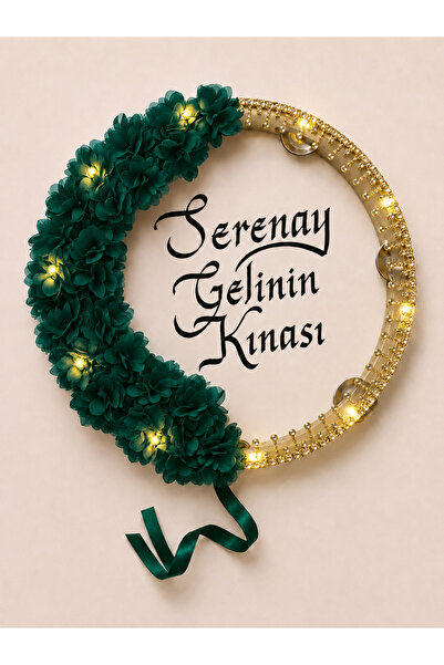 ELYNA Yeşil Gold Taşlı Ledli Şeffaf Gelin Tefi, Çiçekli 32 cm, Kına Düğün Sün...