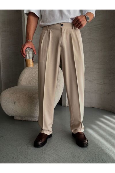 blahite Krem Pileli Baggy Pantolon