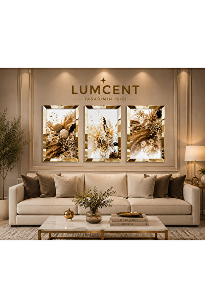Lumcent Premium Gold Pleksi Çerçeveli 3 Parça MDF Duvar Tablosu | Pampas ve K...