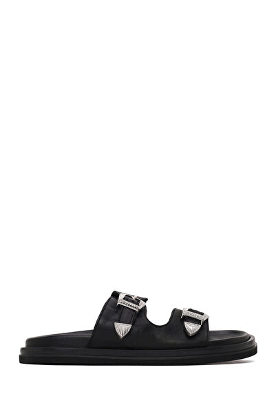 Derimod Women's Black Double Buckle Leather Slippers 26Sfd271818