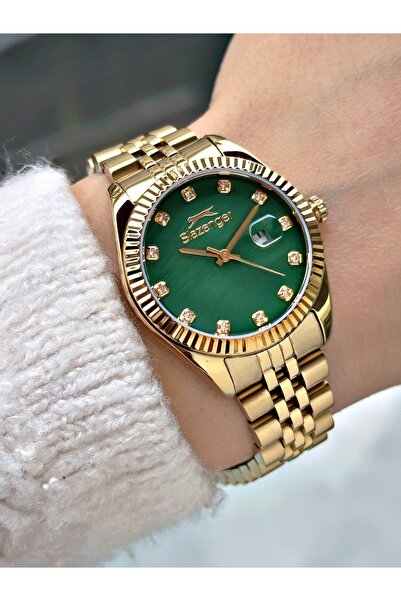 Slazenger Steel Cord Calendar 5 Atm Water Resistant Gold-Green Color Women Wr...