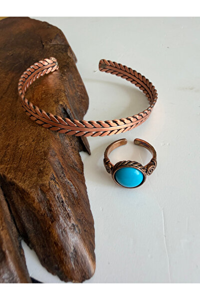 Rupen Kraft Natural Turquoise Stone 100% Pure Copper Bracelet and Ring Combin...