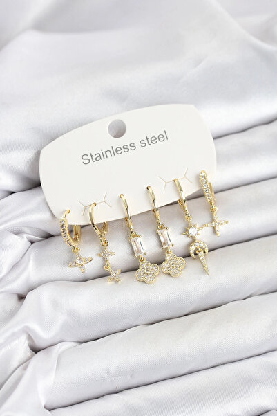 Clariss 316L Steel Gold Color Zircon Stone Clover Detailed Women's Earring Set