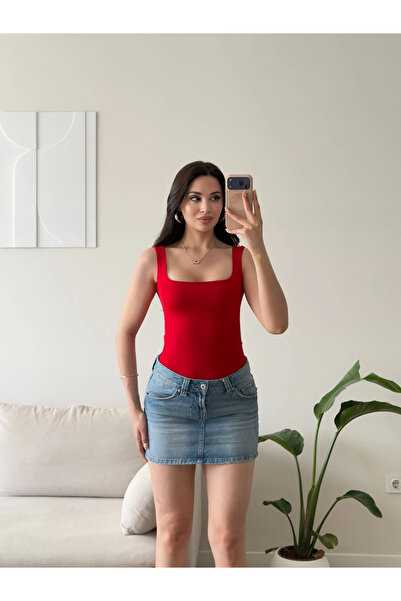 Zoom Butik Halter Çıtçıtlı Bodysuit - KIRMIZI