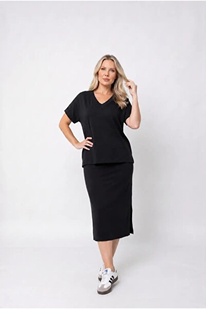 hazelin Women's Black Plus Size Oysho Fabric Blouse Skirt Double Set Hzl26W-Z...