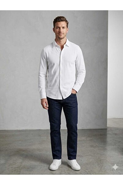CALEMORE Men's Regular Fit Long Sleeve White Shirt