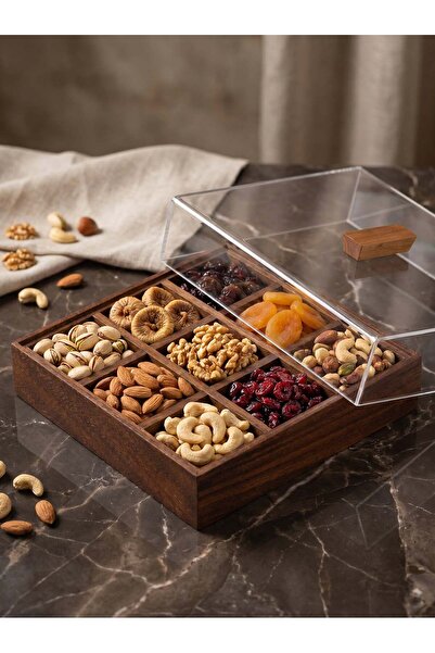 QURA Nuturel Kuruyemiş Presentation Wooden Walnut Tree with 9 Compartments
