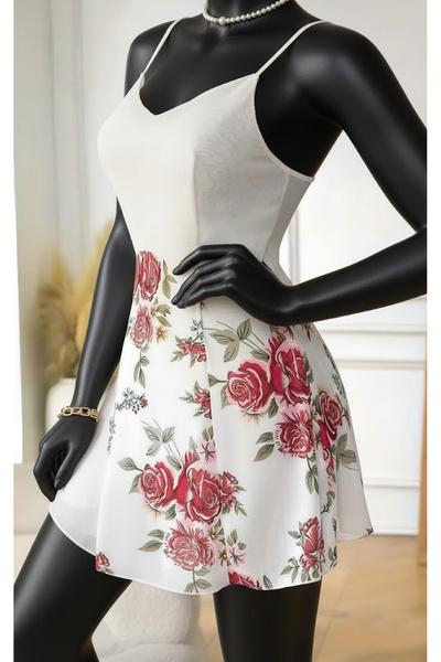 Nightlight Women's Floral Patterned Strappy Nightgown |   White Mini Babydoll...