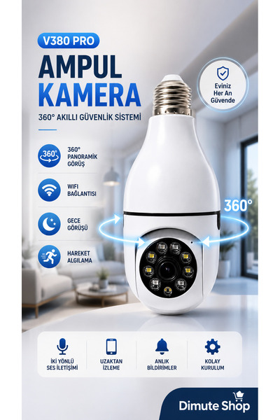 Dimute Shop V380 Pro Ampul Kamera 360° WiFi Güvenlik Kamerası Gece Görüşlü Ha...