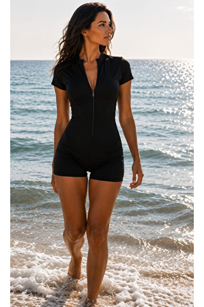 FİT1BEDEN Zipper Detailed Waterproof Quick Drying Women's Swimsuit with Shorts