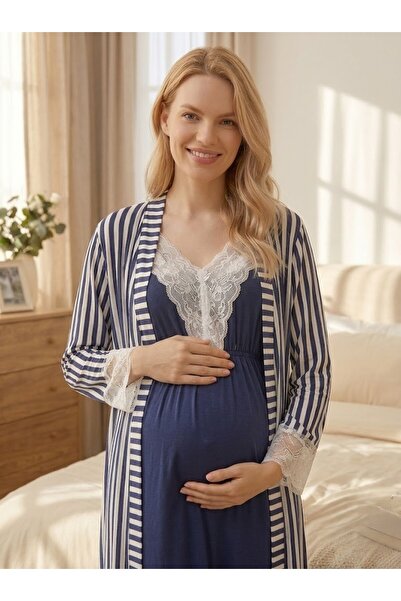 Pelin Women's Navy Blue Striped Patterned Lace 2-Piece Maternity Nightgown Se...