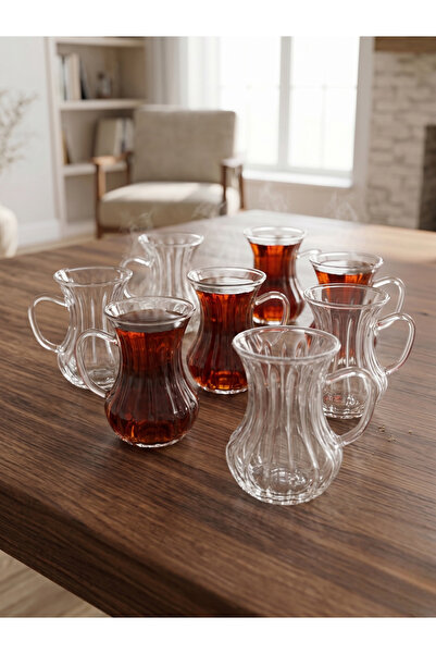 Elista Lüks Detaylı Kulplu Cam Çay Bardağı Seti – 6 Kişilik 150 ML