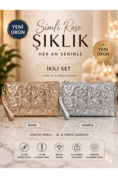 zemihra 2'li Set Simli Yıldız Nakış İşlemeli Portföy El Çantası Bilek Askılı ...