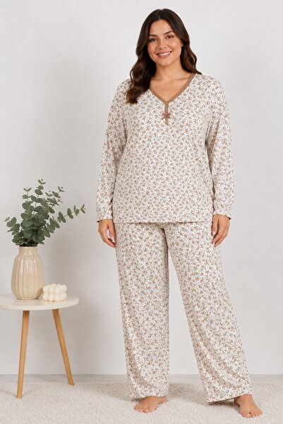 CottonVia Mother's Pajama Set, Ribbed V-Neck, Floral, Long Sleeve, 100% Combe...