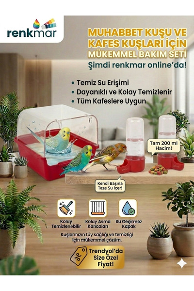 renkmar Kırmızı Muhabbet Kuşu Banyoluğu ve Büyük 200ml Kuş Suluğu Bakım Seti