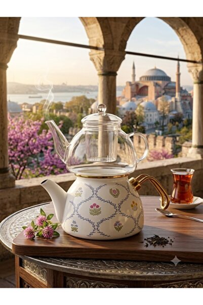 GFSMORE Enameled Glass Teapot with White Flowers