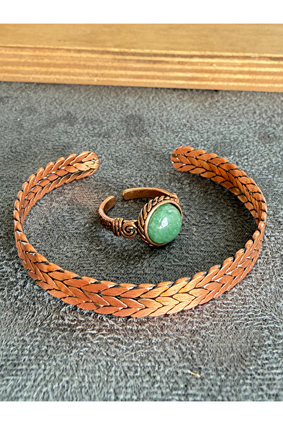 Rupen Kraft Handcrafted copper bracelet and natural stone ring set, adjustabl...