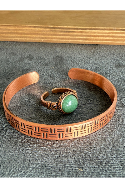 Rupen Kraft Handcrafted copper bracelet and natural stone ring set, adjustabl...