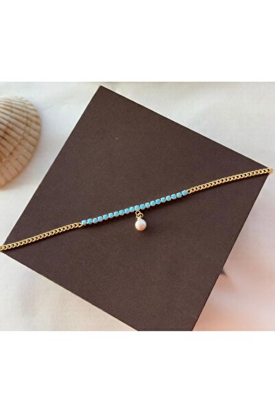 Bade Jewelry Fd Gold Blue Stone & Pearl Detailed Anti-Tarnish Steel Stylish A...