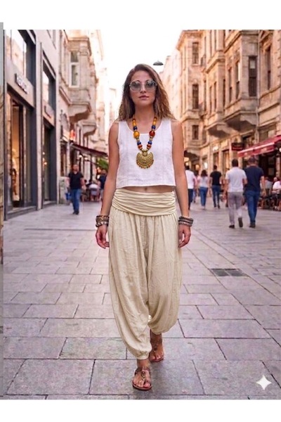 AYASOFYA OTANTIK Women's Italian Beige Plain Patterned Viscose Loose Shalwar ...