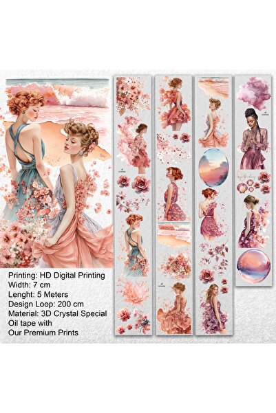 Onwize Petal Dreams PET Tape 7cm | Romantik Çiçek Elbiseli Kadınlar ve Pastel...