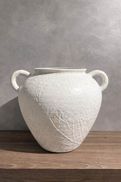 GENERAL White Ceramic Vase with Side Handles with Free Dried Flowers - Elegan...