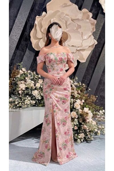 Mara Pink Evening Dress Embroidered with Flowers