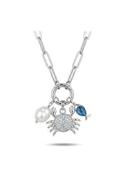 h&b design jewel Çelik Silver İnci Detaylı Yengeç Kolye