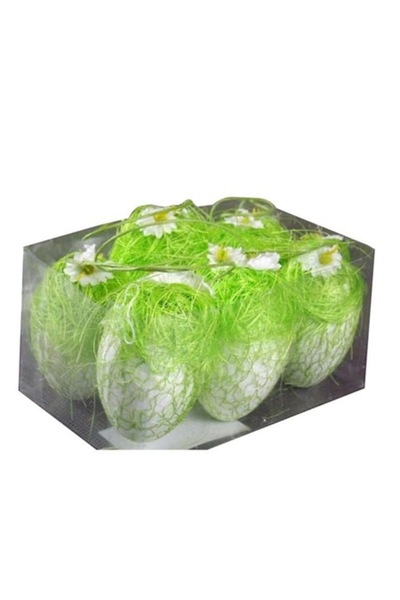 Goliat Set de 6 ouă decorative verzi cu sisal și flori într-o cutie, 6x4 cm