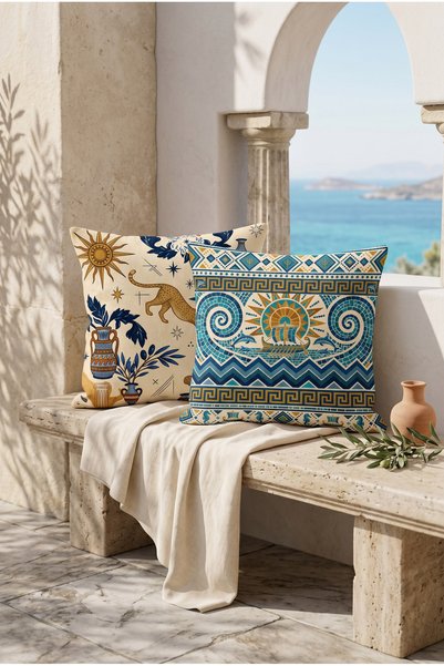 Artvibe Antik Ege Mavi Sarı Yaz Temalı 2li Kırlent Kılıfı